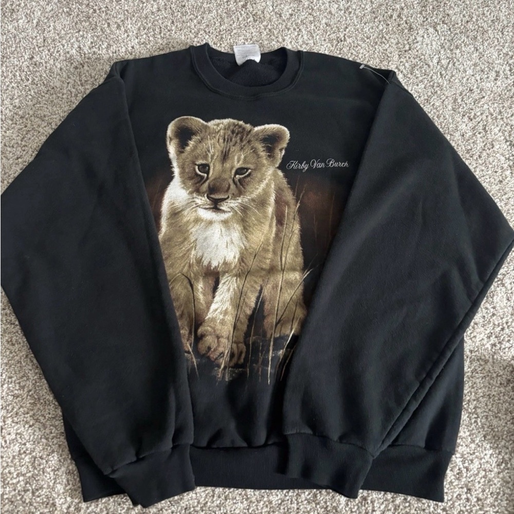 Vintage Jerzees Black Crewneck Sweater with Lion Cub Design